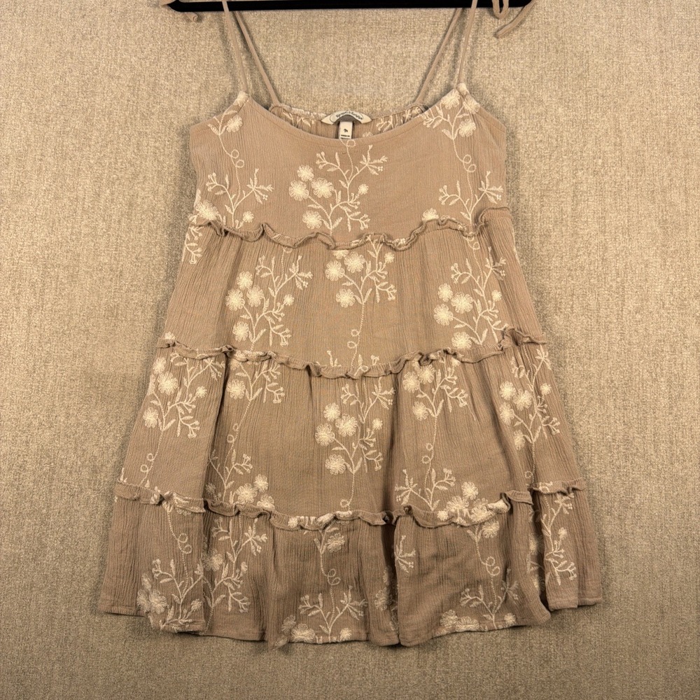 Speechless Womens M Taupe Brown Floral Embroidered Tiered Tie Strap Cami Top